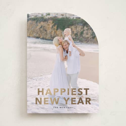 This is a ink foil pressed holiday cards with foil pressed by Angela Thompson called gilded happiness printing on recycled smooth signature in standard