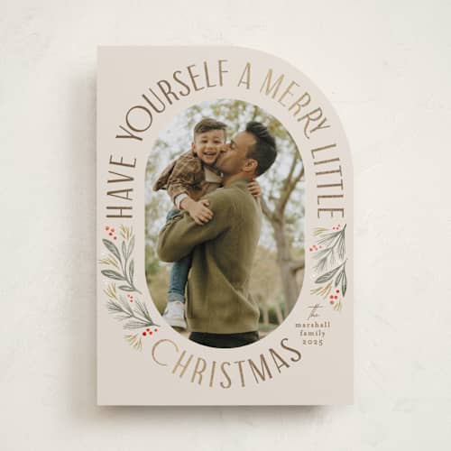 This is a linen foil pressed holiday cards with foil pressed by Karidy Walker called merry little christmas time printing on recycled smooth signature in standard