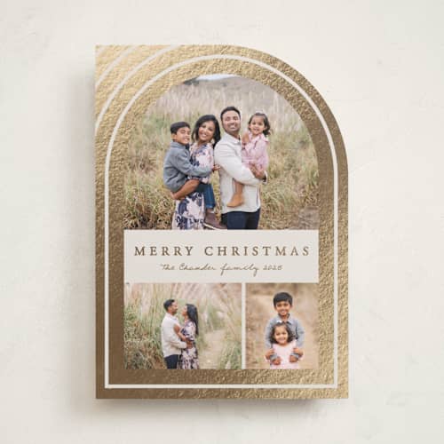 This is a cookie dough foil pressed holiday cards with foil pressed by Brianne Larsen called arch border printing on recycled smooth signature in standard