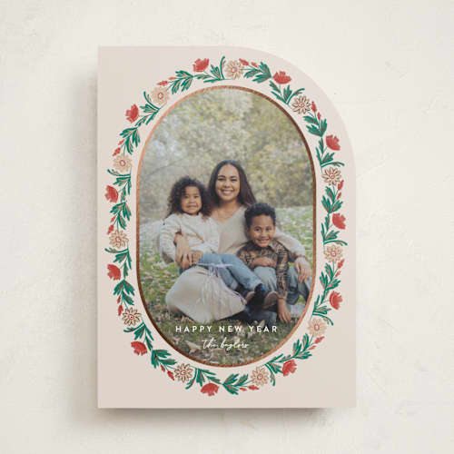 This is a eggnog foil pressed holiday cards with foil pressed by Amy Kross called laurel edge printing on recycled smooth signature in standard