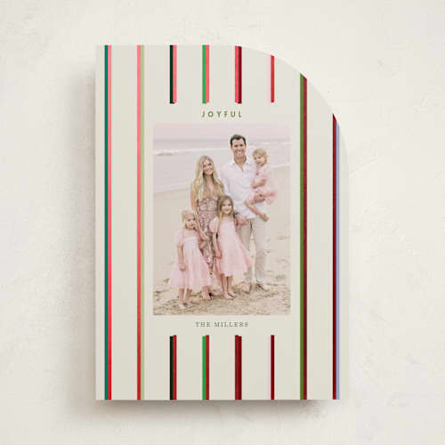 This is a champagne foil pressed holiday cards with foil pressed by Baumbirdy called colorful stripes printing on recycled smooth signature in standard