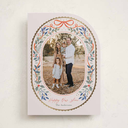 This is a holly foil pressed holiday cards with foil pressed by Elly called a gentle bow printing on recycled smooth signature in standard