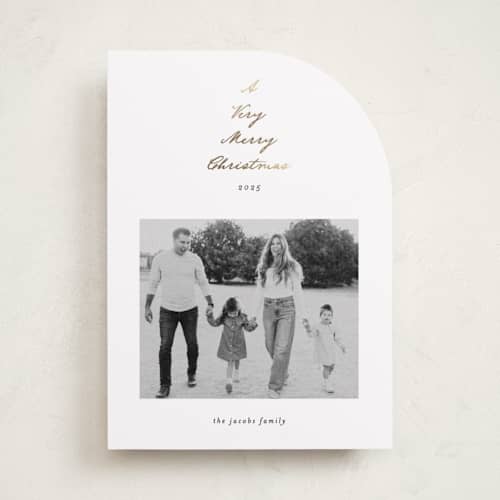 This is a snow foil pressed holiday cards with foil pressed by Ashley Iwafuchi called scripted tree printing on recycled smooth signature in standard