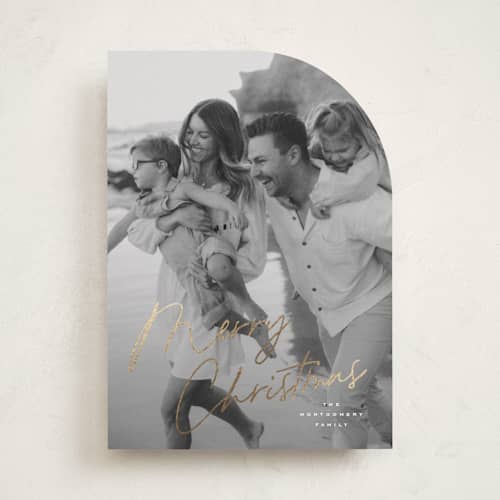 This is a snowflake foil pressed holiday cards with foil pressed by Wildfield Paper Co called signature printing on recycled smooth signature in standard