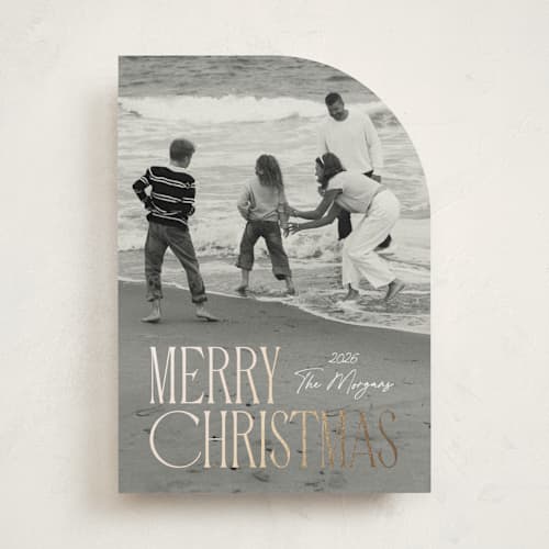 This is a halo foil pressed holiday cards with foil pressed by Kacey Kendrick Wagner called merry embrace printing on recycled smooth signature in standard