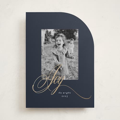 This is a midnight foil pressed holiday cards with foil pressed by Melinda Denison called joy printing on recycled smooth signature in standard
