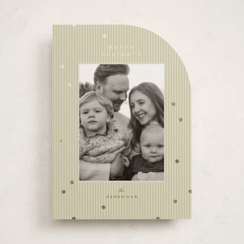 This is a olive foil pressed holiday cards with foil pressed by Ellen Schlegelmilch called tiny polka dots printing on recycled smooth signature in standard