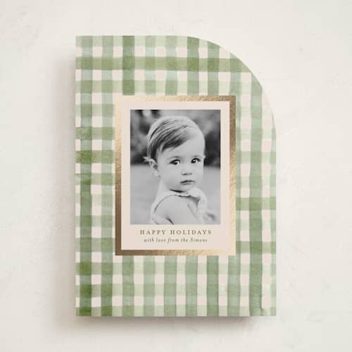 This is a sage foil pressed holiday cards with foil pressed by Meagan Christensen called gingham printing on recycled smooth signature in standard