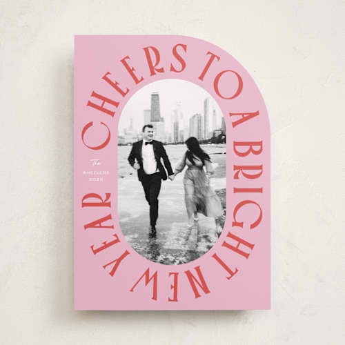 This is a peppermint new year photo cards with standard by Erin German called cheers to a bright new year printing on recycled smooth signature in standard