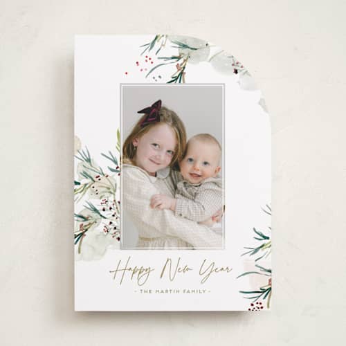 This is a sage holiday photo cards with standard by Eve Schultz called tossed printing on recycled smooth signature in standard