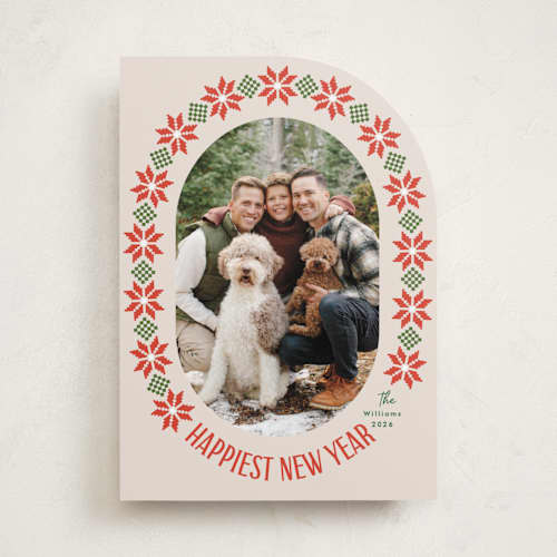This is a linen holiday photo cards with standard by Karidy Walker called cozy knit christmas printing on recycled smooth signature in standard