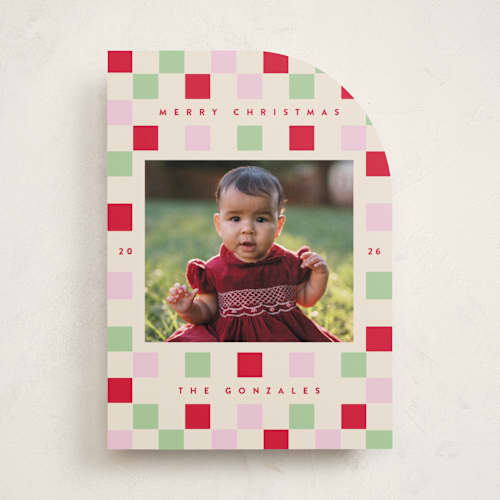 This is a cranberry holiday photo cards with standard by Katie Zimpel called happy checkers printing on recycled smooth signature in standard