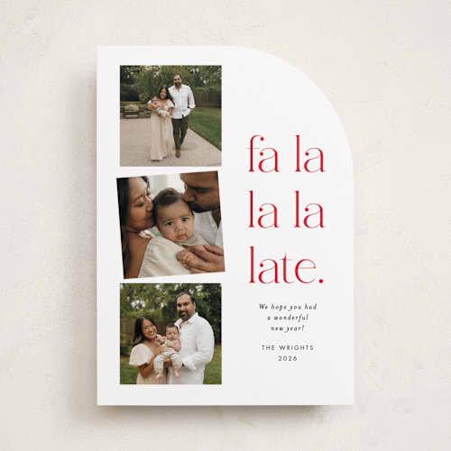 This is a crimson holiday photo cards with standard by Amy Payne called fa la la la late printing on recycled smooth signature in standard