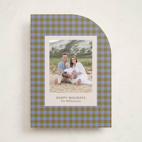 This is a blueberry holiday photo cards with standard by Beth Vassalo called cozy gingham printing on recycled smooth signature in standard
