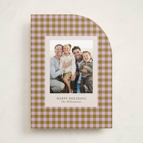This is a peony holiday photo cards with standard by Beth Vassalo called cozy gingham printing on recycled smooth signature in standard