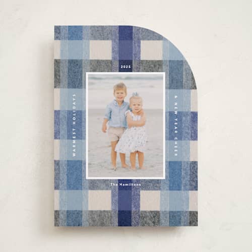 This is a blueberry holiday photo cards with standard by Carrie Moradi called cozy checked plaid printing on recycled smooth signature in standard
