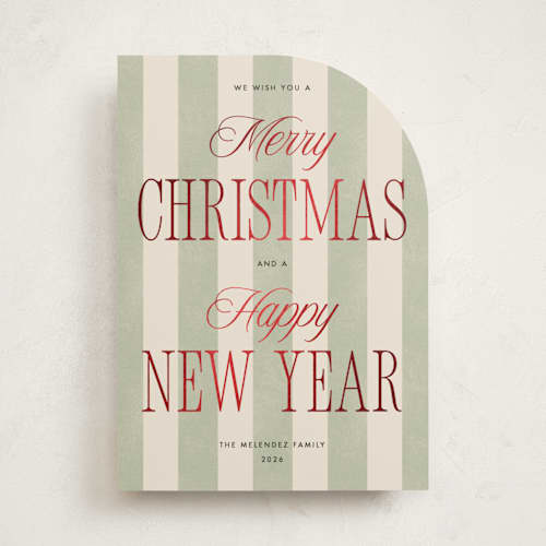 This is a wreath foil pressed holiday cards with foil pressed by Robert and Stella called striped type printing on signature in standard