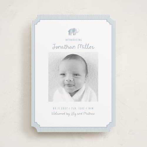 This is a sky birth announcements with standard by Teju Reval called sweet elephant printing on recycled smooth signature in standard