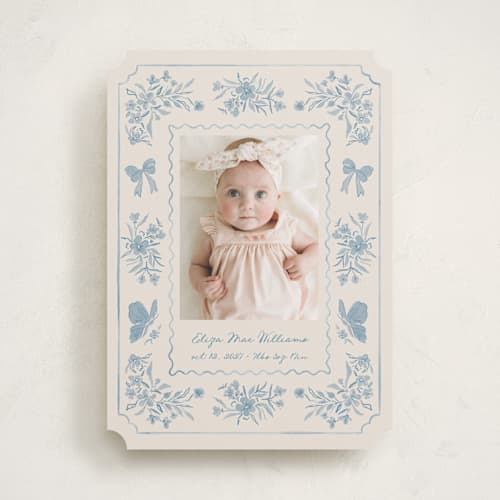 This is a duck egg birth announcements with standard by Vera Lim called vintage love printing on recycled smooth signature in standard