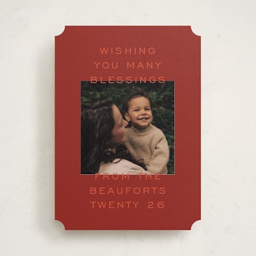 This is a pomegranate photo christmas cards with standard by Ekko Studio called stacked blessings printing on recycled smooth signature in standard