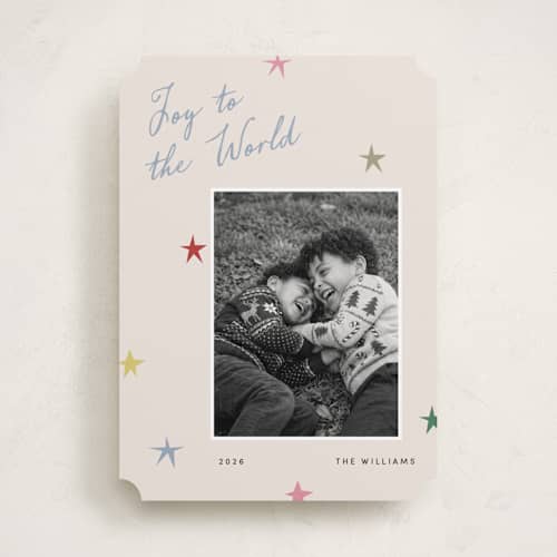 This is a confetti photo christmas cards with standard by Pixel and Hank called joy stars printing on recycled smooth signature in standard