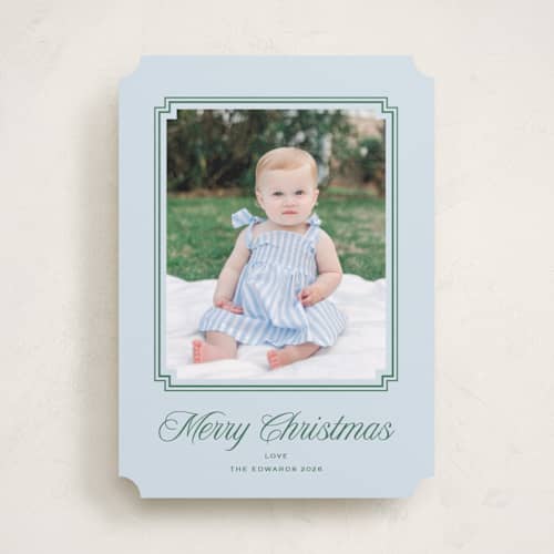 This is a powder blue photo christmas cards with standard by Carolyn MacLaren called chic frame printing on recycled smooth signature in standard