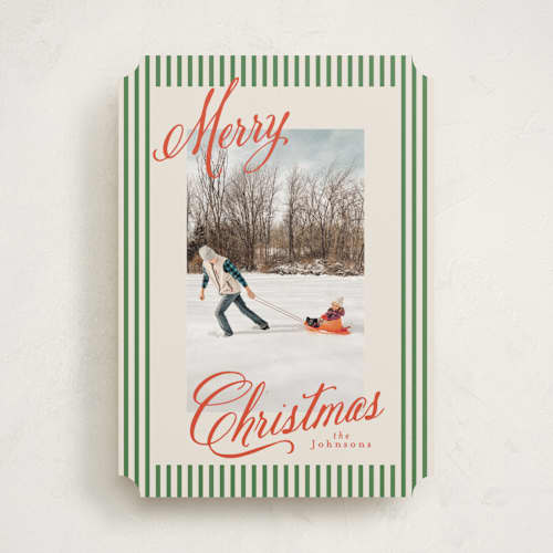 This is a forest photo christmas cards with standard by Karidy Walker called script and stripes printing on recycled smooth signature in standard