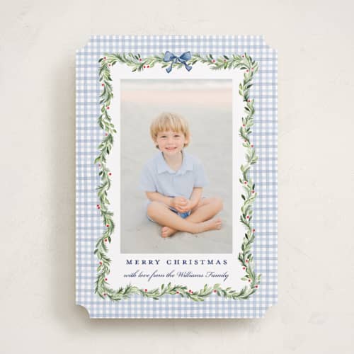 This is a chambray photo christmas cards with standard by Sarah Knight called gingham garland printing on recycled smooth signature in standard