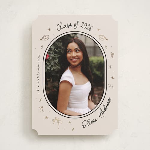 This is a onyx graduation announcements with foil pressed by Ashley Iwafuchi called illustrated grad printing on recycled smooth signature in standard