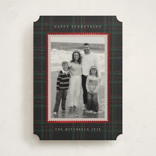 This is a evergreen foil pressed holiday cards with foil pressed by Jen Owens called plaid greetings printing on recycled smooth signature in standard