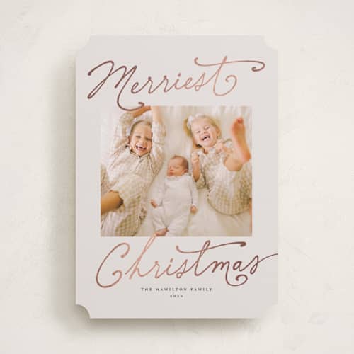 This is a eggnog foil pressed holiday cards with foil pressed by Rachel Mattern called merriest season printing on recycled smooth signature in standard