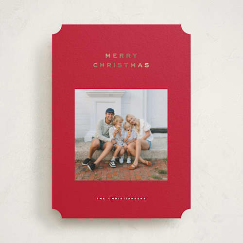 This is a santa suit foil pressed holiday cards with foil pressed by Wildfield Paper Co called cranberry printing on recycled smooth signature in standard