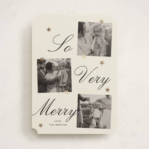 This is a champagne foil pressed holiday cards with foil pressed by Ani Somi called merry stars printing on recycled smooth signature in standard