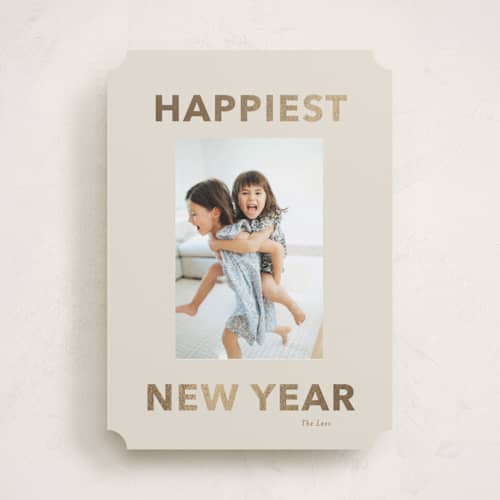 This is a linen foil pressed holiday cards with foil pressed by Angela Thompson called happiest! printing on recycled smooth signature in standard
