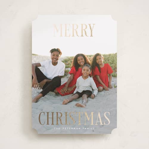 This is a snow foil pressed holiday cards with foil pressed by Rebecca Durflinger called christmas printing on recycled smooth signature in standard
