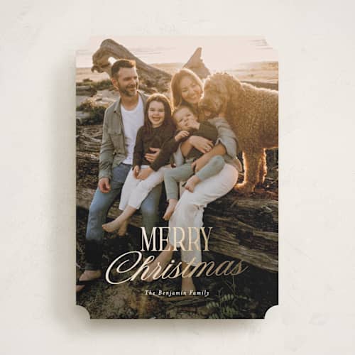 This is a vanilla foil pressed holiday cards with foil pressed by Rebecca Durflinger called festive greeting printing on recycled smooth signature in standard