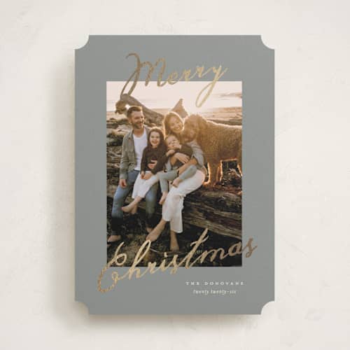 This is a sage foil pressed holiday cards with foil pressed by Pixel and Hank called merriment printing on recycled smooth signature in standard