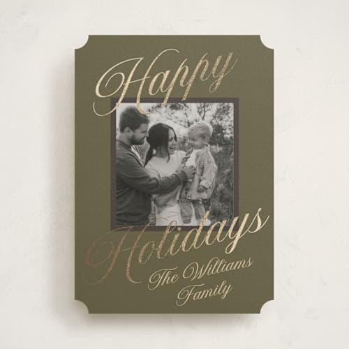 This is a pine foil pressed holiday cards with foil pressed by Robert and Stella called velour printing on recycled smooth signature in standard