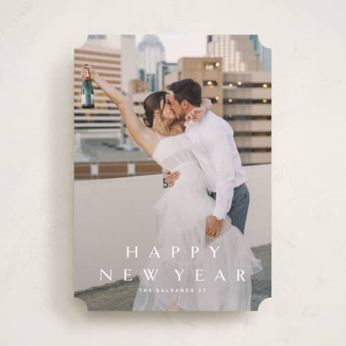 This is a snow new year photo cards with standard by Stacey Meacham called boldly stated printing on recycled smooth signature in standard
