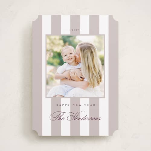 This is a velvet new year photo cards with standard by Emily Betts called preppy stripes printing on recycled smooth signature in standard