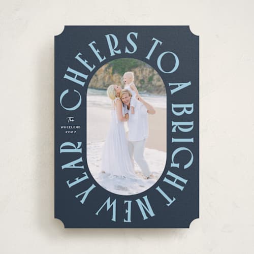 This is a spruce new year photo cards with standard by Erin German called cheers to a bright new year printing on recycled smooth signature in standard