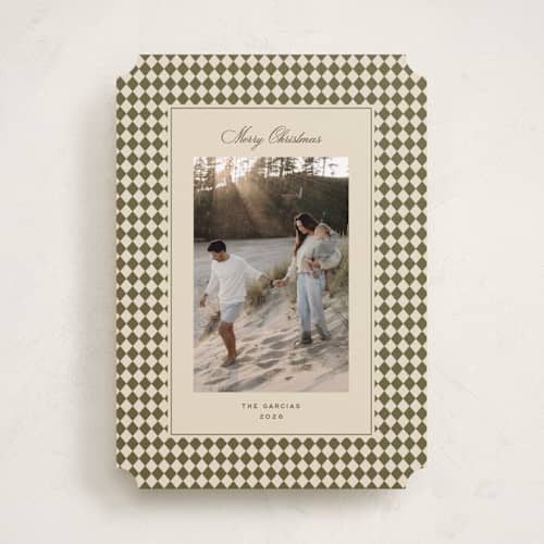 This is a olive holiday photo cards with standard by Ellen Schlegelmilch called mini argyle printing on recycled smooth signature in standard