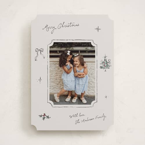This is a ivory holiday photo cards with standard by Cass Loh called heirloom holiday sketch printing on recycled smooth signature in standard