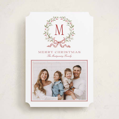 This is a cranberry holiday photo cards with standard by Wildfield Paper Co called holly berry monogram printing on recycled smooth signature in standard