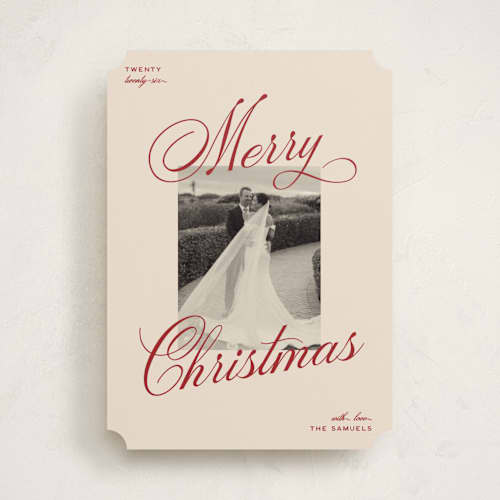 This is a burgundy holiday photo cards with standard by Ellen Schlegelmilch called vintage cinema printing on recycled smooth signature in standard