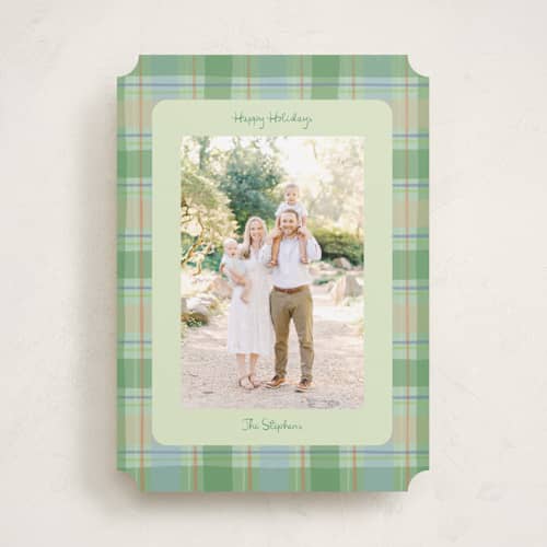 This is a pine holiday photo cards with standard by Lauren Jopling called painted holiday plaid printing on recycled smooth signature in standard