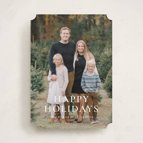 This is a snowflake holiday photo cards with standard by Wildfield Paper Co called happy holidays! printing on recycled smooth signature in standard