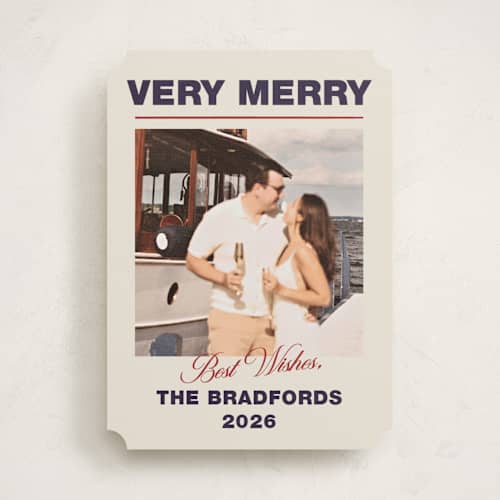 This is a navy holiday photo cards with standard by Ani Somi called masthead printing on recycled smooth signature in standard