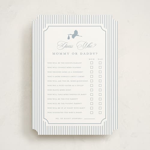 This is a dusty blue baby shower game activity cards with standard by Stacey Meacham called storybook stork printing on signature in standard