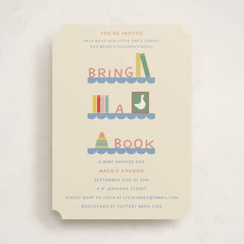This is a classic library baby shower invitations with standard by Julia Starr called baby shelfie printing on signature in standard